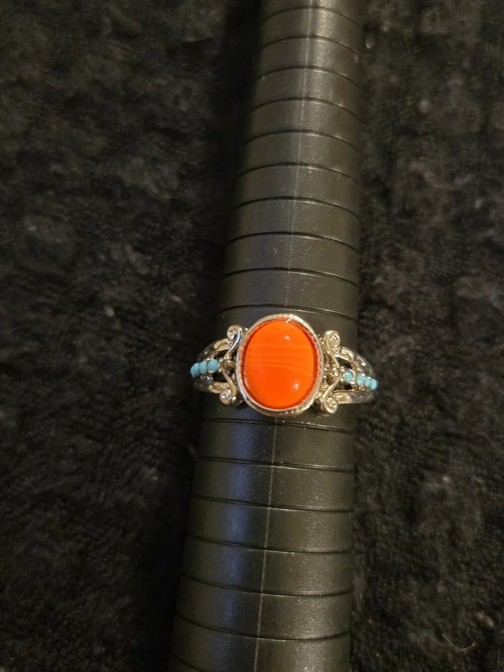Vintage Style Silver-Tone Statement Ring - Faux Orange Stone & Blue Beads